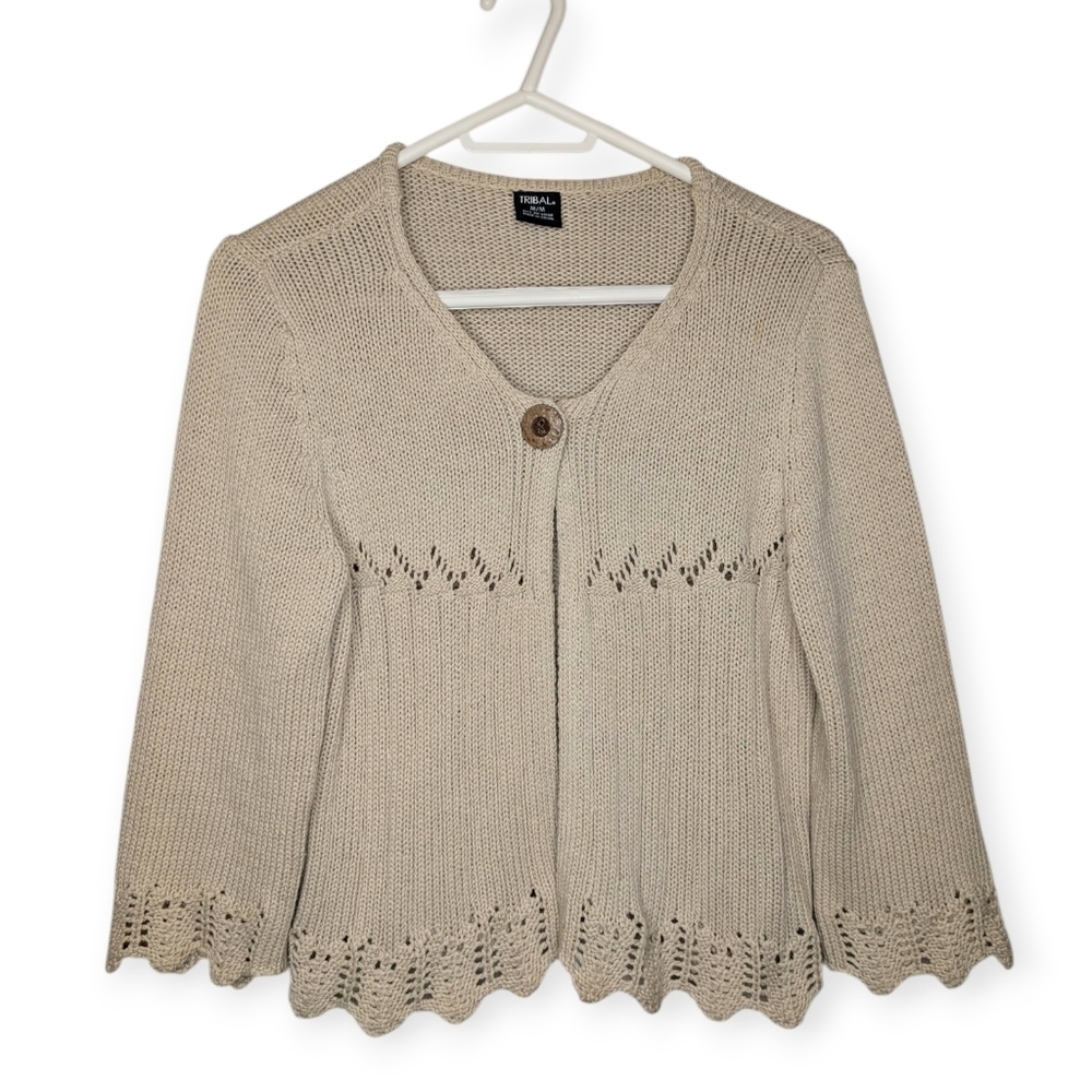Tribal Beige Knit Cropped Cardigan Scalloped Hem Boho M